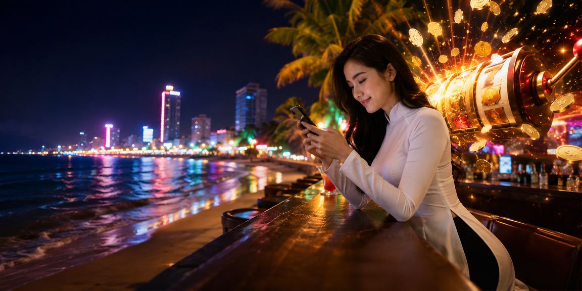 Cô gái mặc áo dài tại Quy Nhơn trải nghiệm slot game trực tuyến trên điện thoại